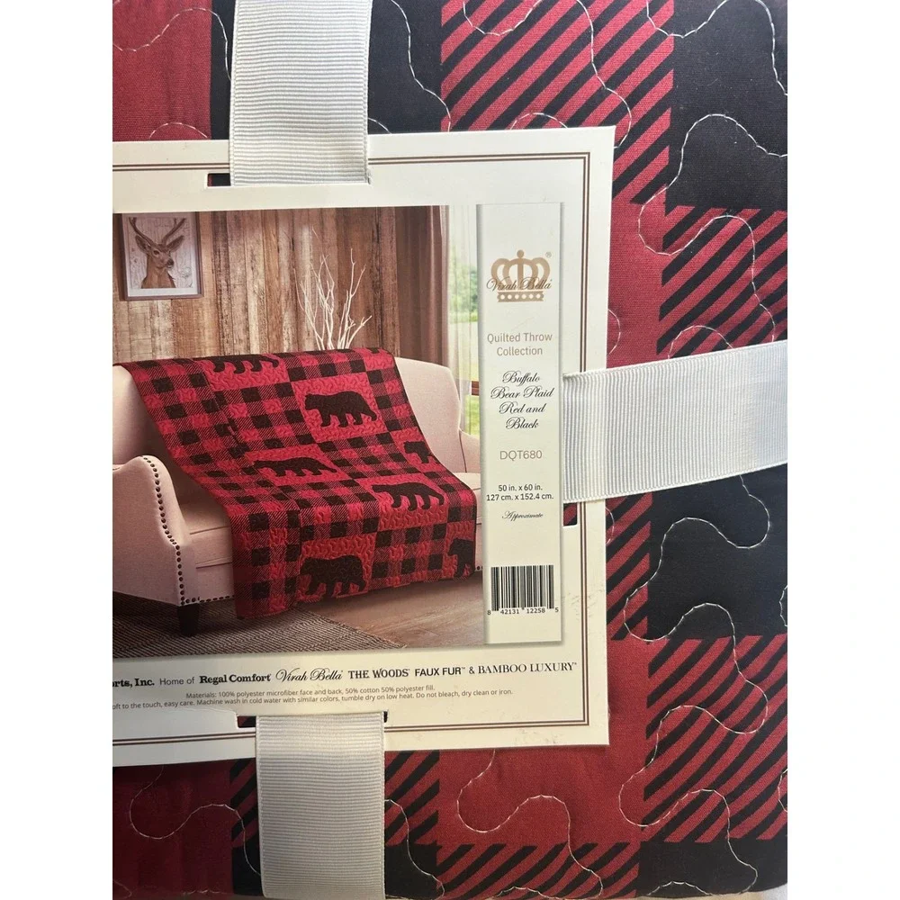 Virah Bella Buffalo Bear Plaid Quilted Throw Blanket Red Black 50x60 NWT‎